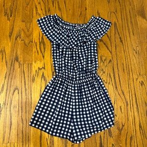 Off the shoulder, navy blue plaid romper